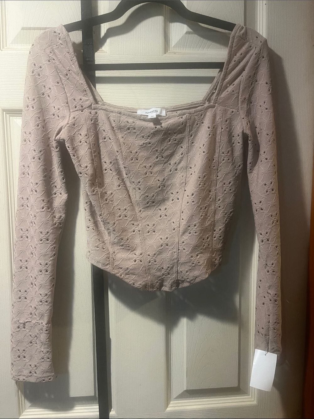Women's Long-Sleeve Eyelet Square-Neck Top — Taupe